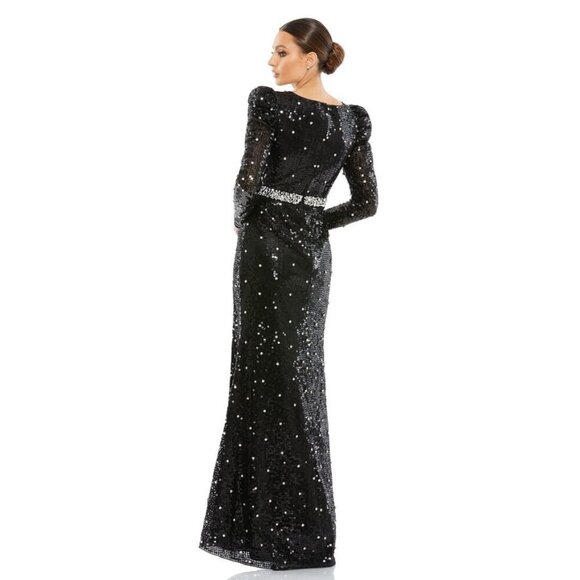 Mac Duggal Sequined Faux Wrap Puff Sleeve Trumpet Black Gown 8 #8507 - Picture 4 of 8